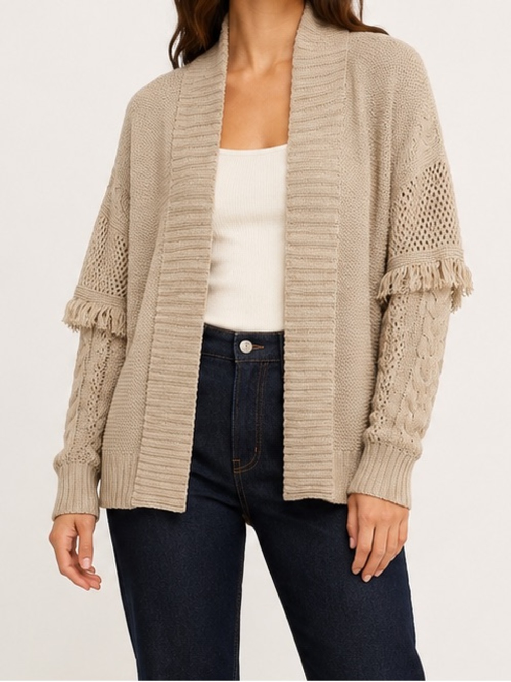 Heartloom Oatmeal Fringe Cable Knit Open Front Cardigan Small